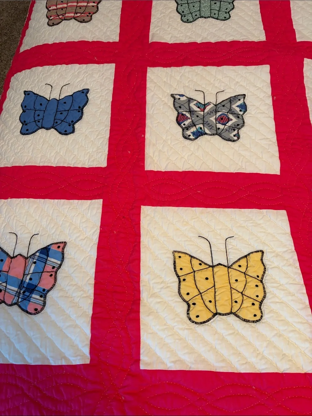 Vintage  handcrafted Butterfly Patchwork Quilt - Pink and White